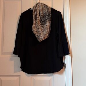 Apt. 9 Black Top with Brown and Cream Patterned Scarf